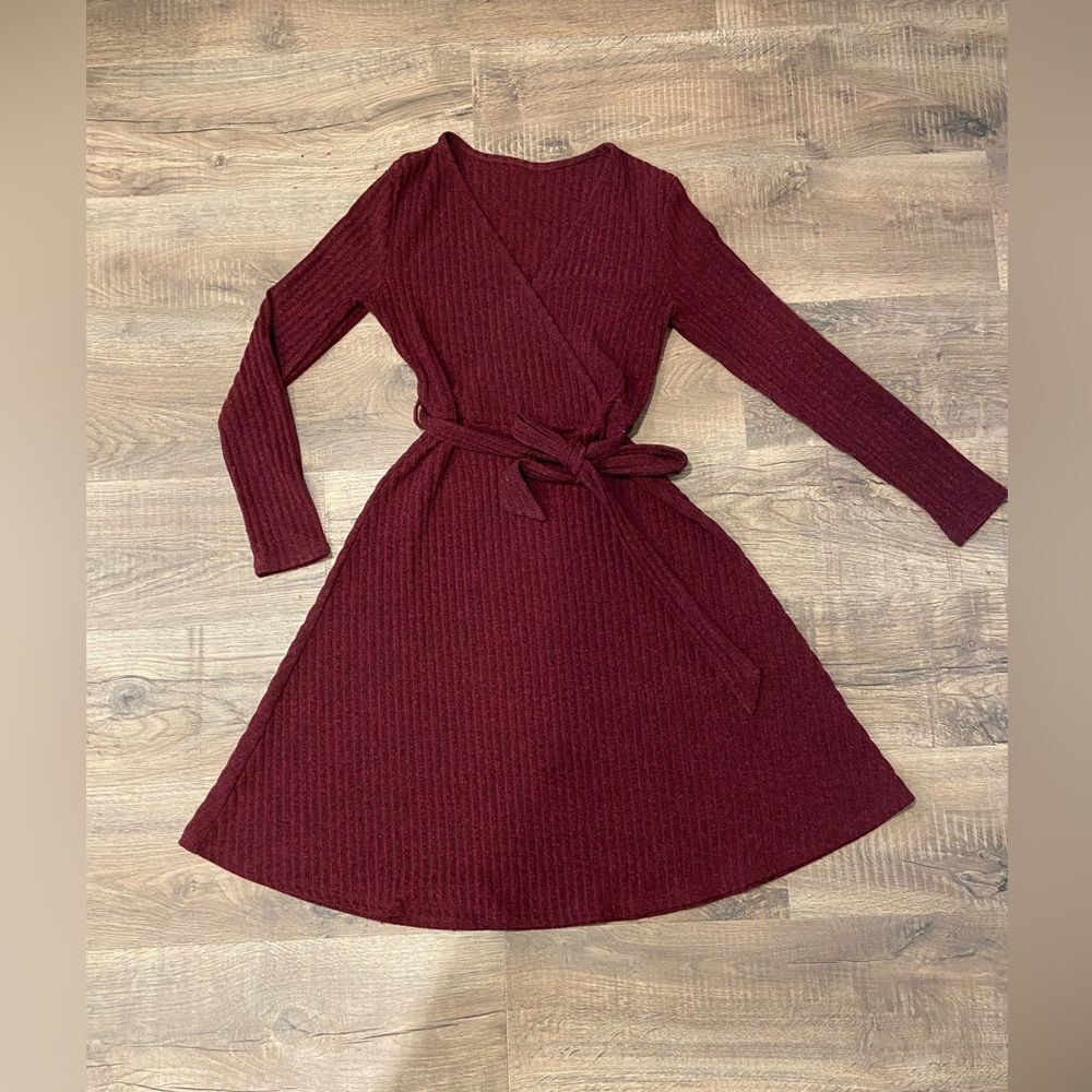 Women's Long Sleeve Wrap Dress in Burgundy with Tie Waist